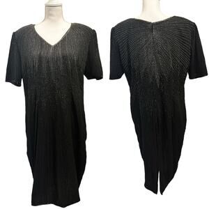 Vintage 80s Stenay Woman Black Silk‎ Beaded Sequin Cocktail Shift Dress Art Deco